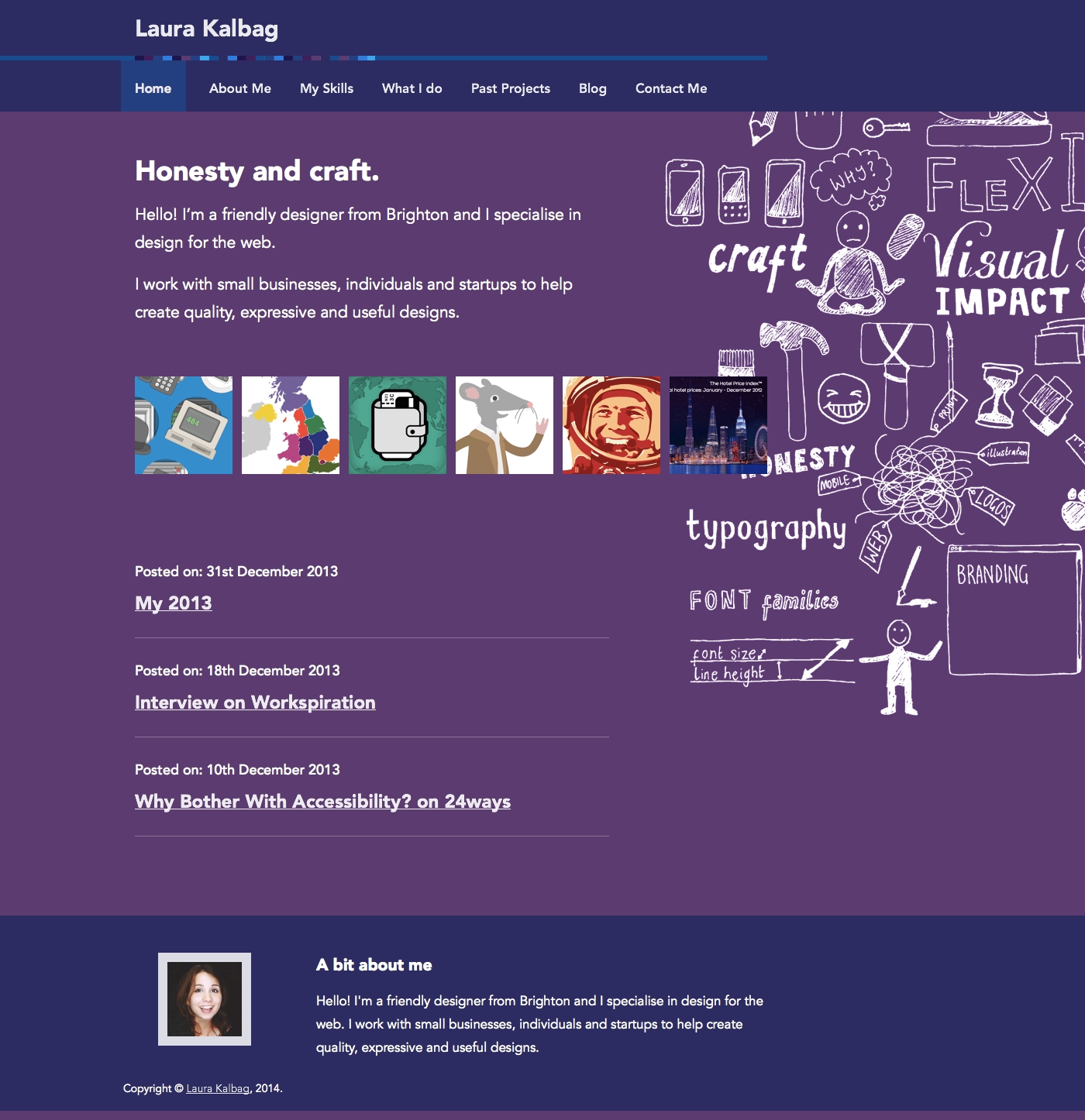 Previous homepage layout, with portfolio images, blog posts and a messy illustration