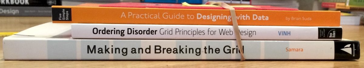 A Practical Guide to Designing with Data by Brian Suda, Ordering Disorder: Grid Principles for Web Design by Khoi Vinh, Making and Breaking the Grid by Timothy Samara, This Is A Print Handbook