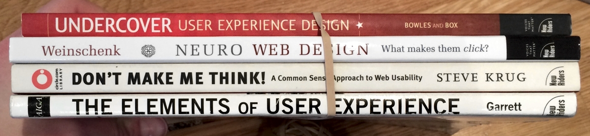 Undercover User Experience Design by Cennydd Bowles and James Box, Neuro Web Design by Susan M Weinschenk, Don’t Make Me Think! By Steve Krug, The Elements Of User Experience by Jesse James Garrett