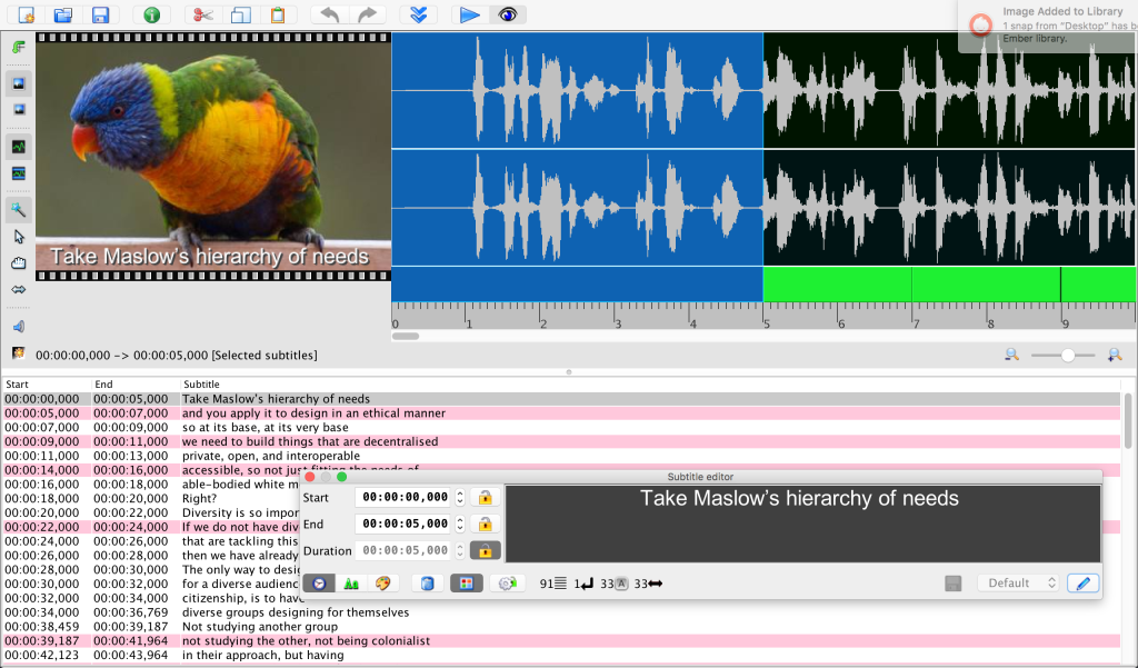 Screenshot of Jubler with highlighted wave forms for subtitle editing