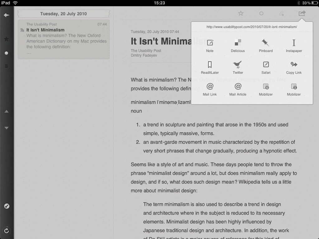 actions on Reeder for iPad