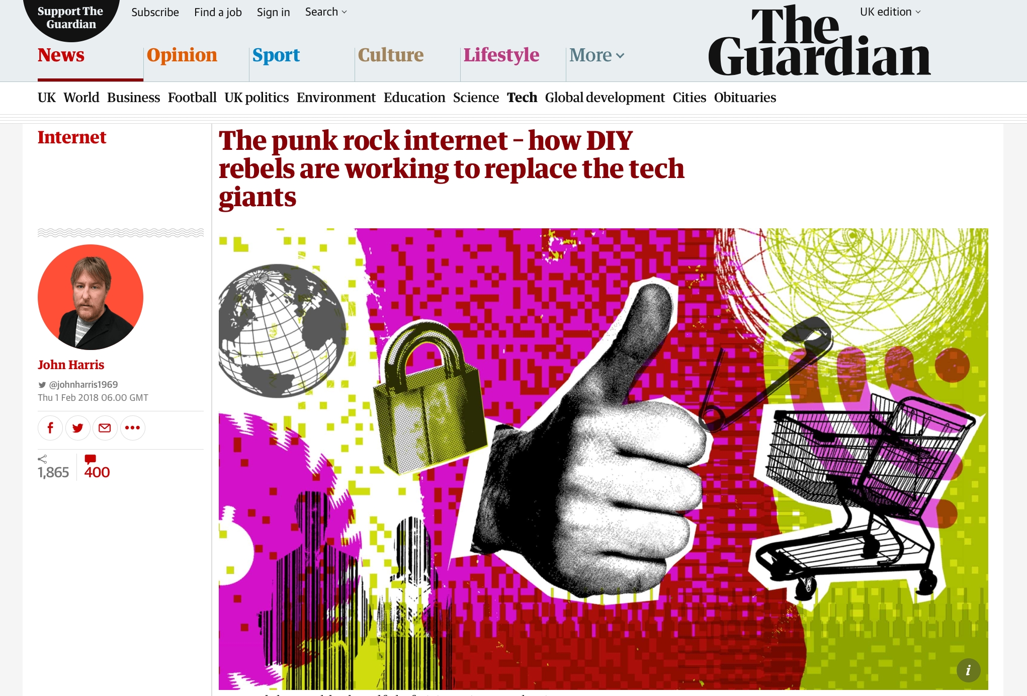 Screenshot of the top of the Guardian article ‘‘The punk rock internet – how DIY ​​rebels ​are working to ​replace the tech giants’