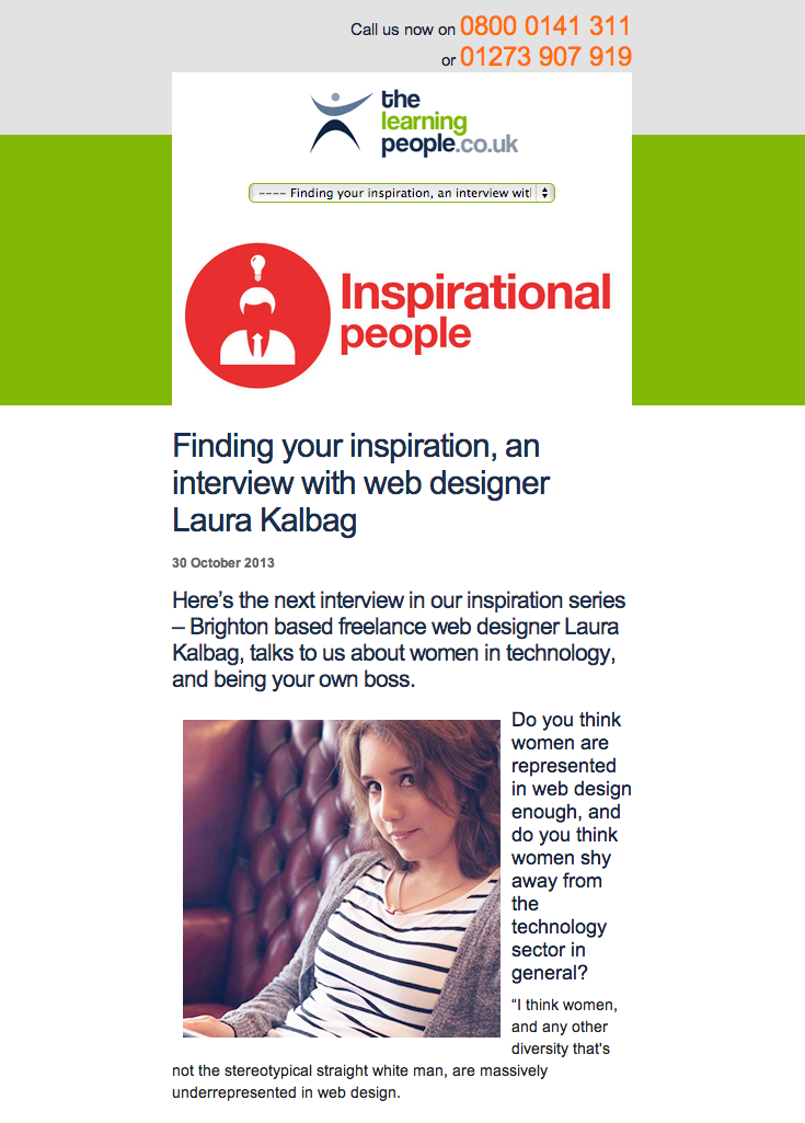 Screenshot of The Learning People: Finding your inspiration, an interview with web designer Laura Kalbag