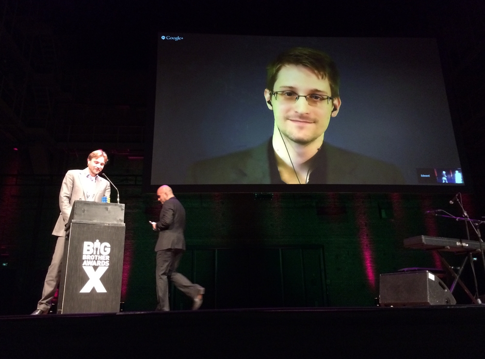 Edward Snowden giving a talk via live feed