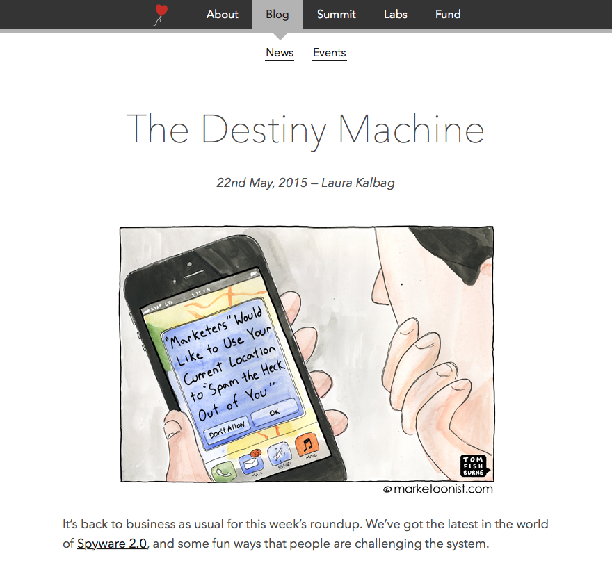 Screenshot of the Ind.ie Roundup titled The Destiny Machine