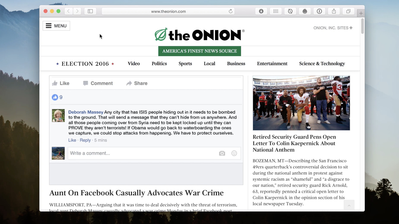Screenshot of the Onion homepage
