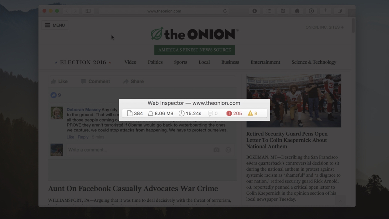 Safari Web Inspector for The Onion: 384 resources, 8MB, 15.24 seconds, 205 errors, 8 warnings