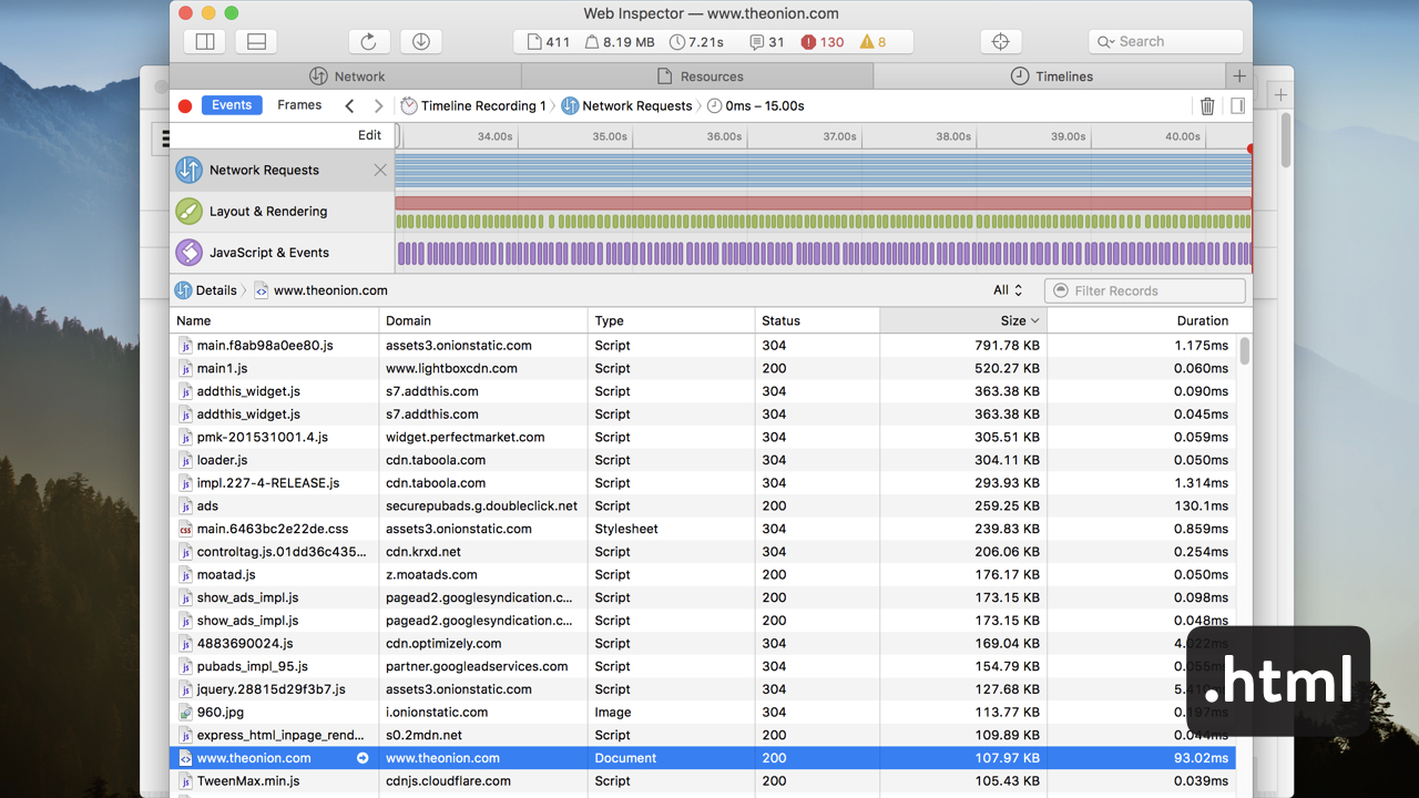 Screenshot of Safari web inspector’s resources. Showing the files listed below