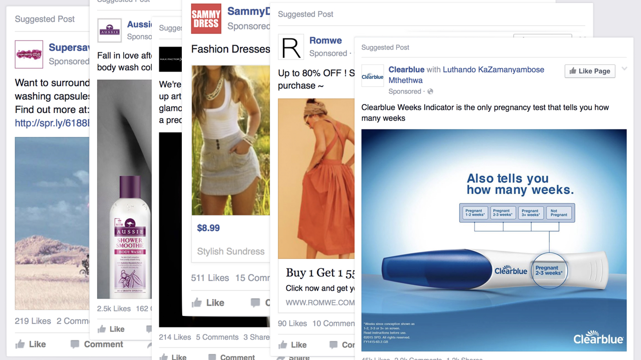 Ads I’ve seen on Facebook for washing liquid, shampoo, makeup, dresses, more dresses, and a pregnancy test