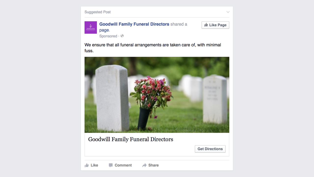 Facebook ad for Goodwill Family Funeral Directors