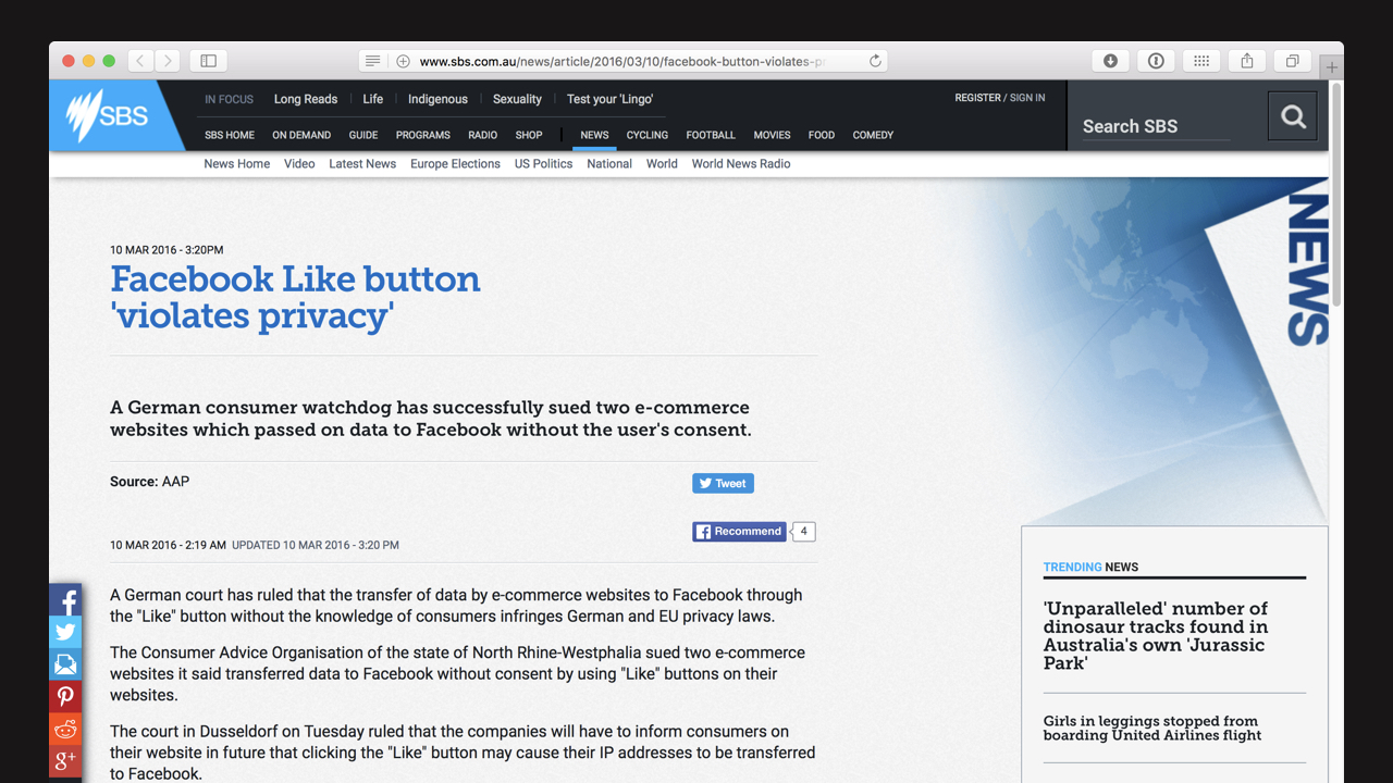 Screenshot of CBS news article on Facebook buttons violating privacy