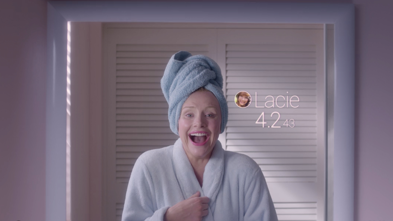 Still from Black Mirror’s Nosedive episode showing the main character with her online rating