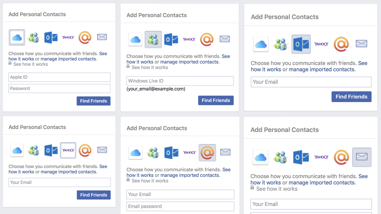 Screenshot of all the different input forms for Facebook’s Find Friends, including email addresses and passwords