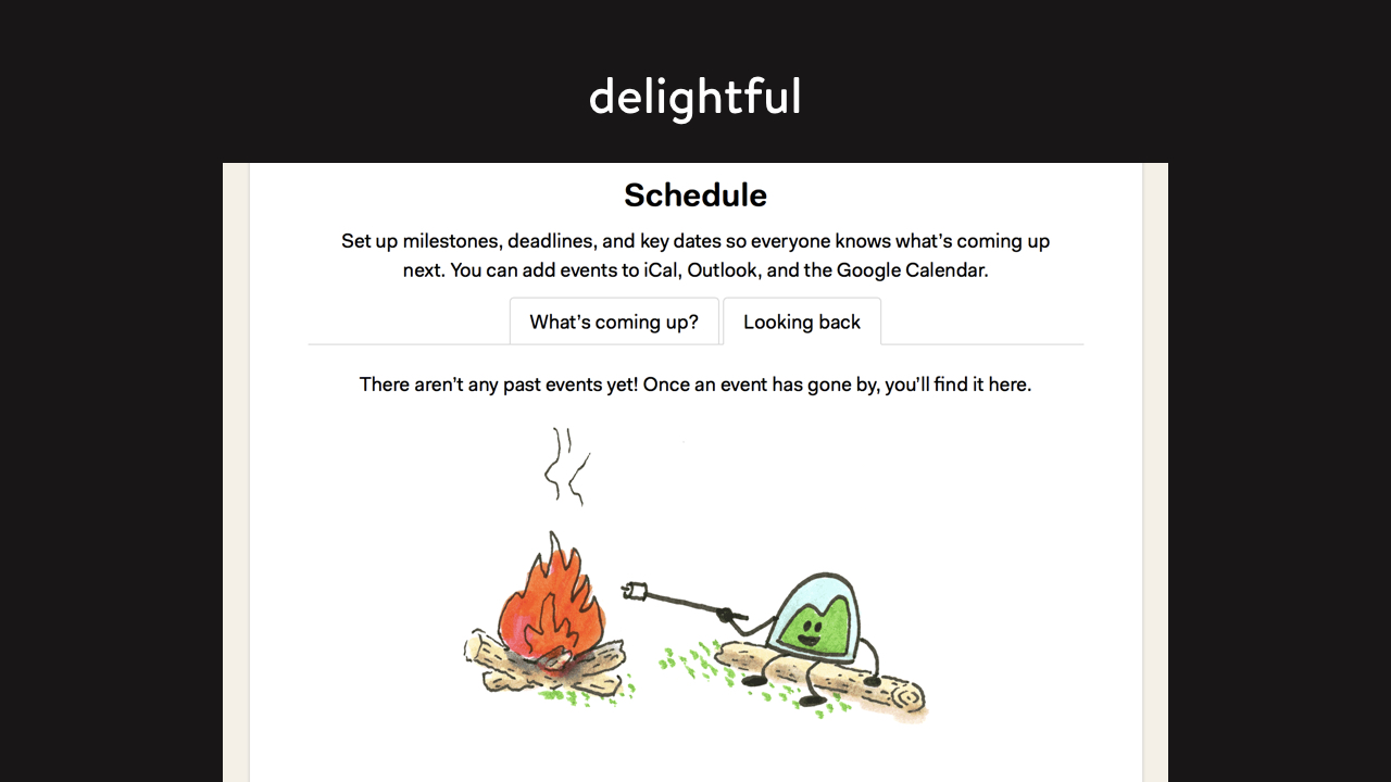 Screenshot of Basecamp schedule with a cute pen drawing of a Basecamp icon toasting marshmallows over a campfire