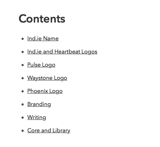 Contents list of links on the Ind.ie style guide