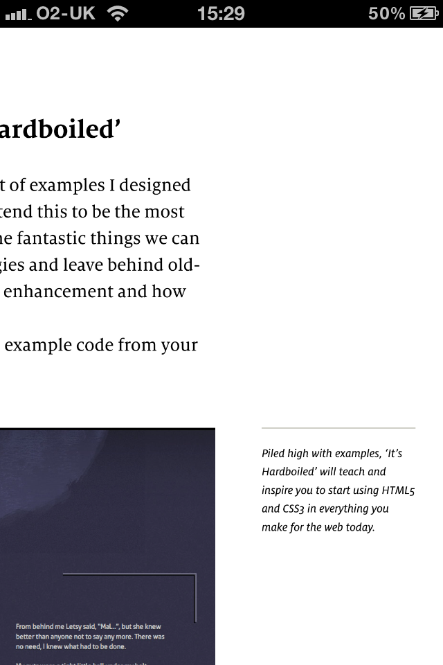 reading a sidenote from Hardboiled Web Design using iBooks on the iPhone 4