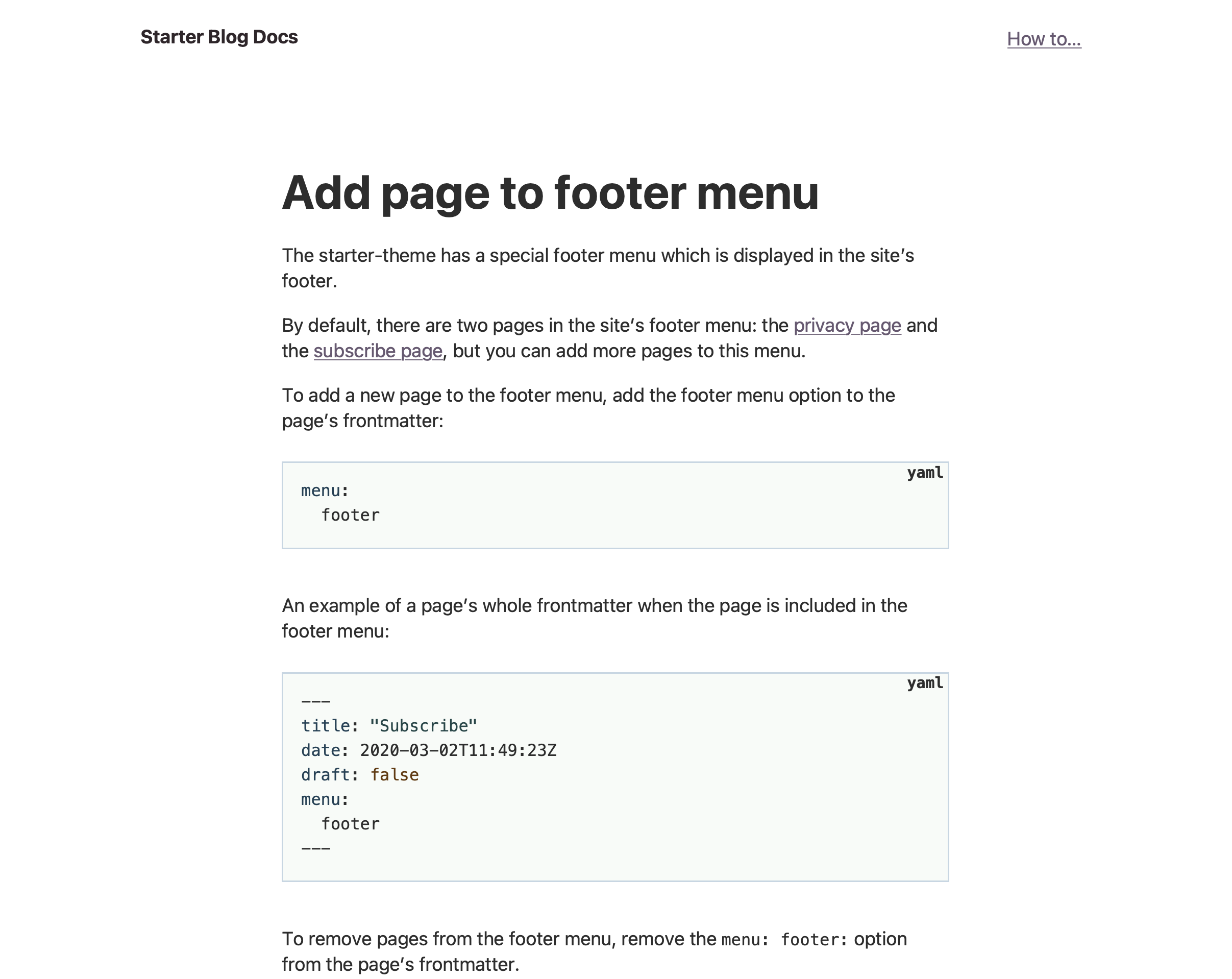 Minimal blog page showing documentation on how to add page to footer menu.