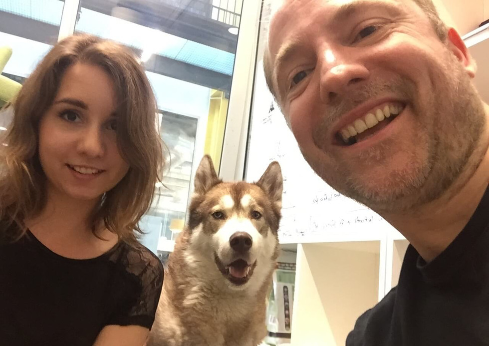 Selfie of me, Oskar the dog, and Aral in our old office.