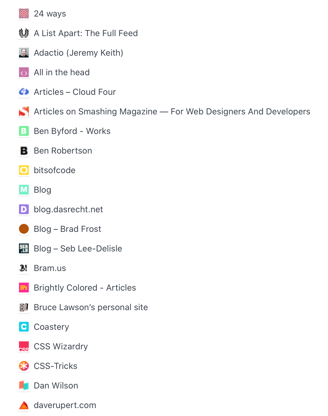 Subscription titles: 24 ways, A List Apart: The Full Feed, Adactio (Jeremy Keith), All in the head, Articles - Cloud Four, Articles on Smashing Magazine -- For Web Designers and Developers, Ben Byford - Works.