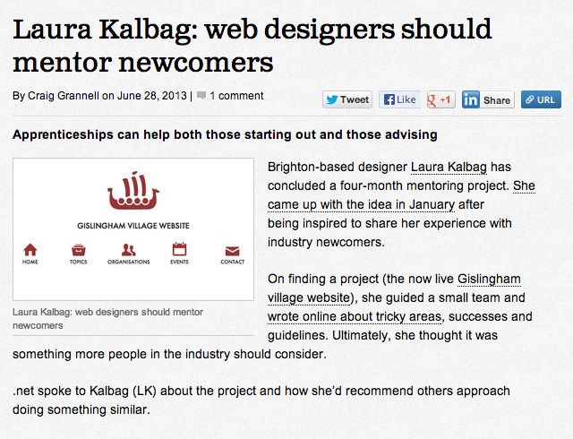 Screen shot of http://www.netmagazine.com/news/laura-kalbag-web-designers-should-mentor-newcomers-132847