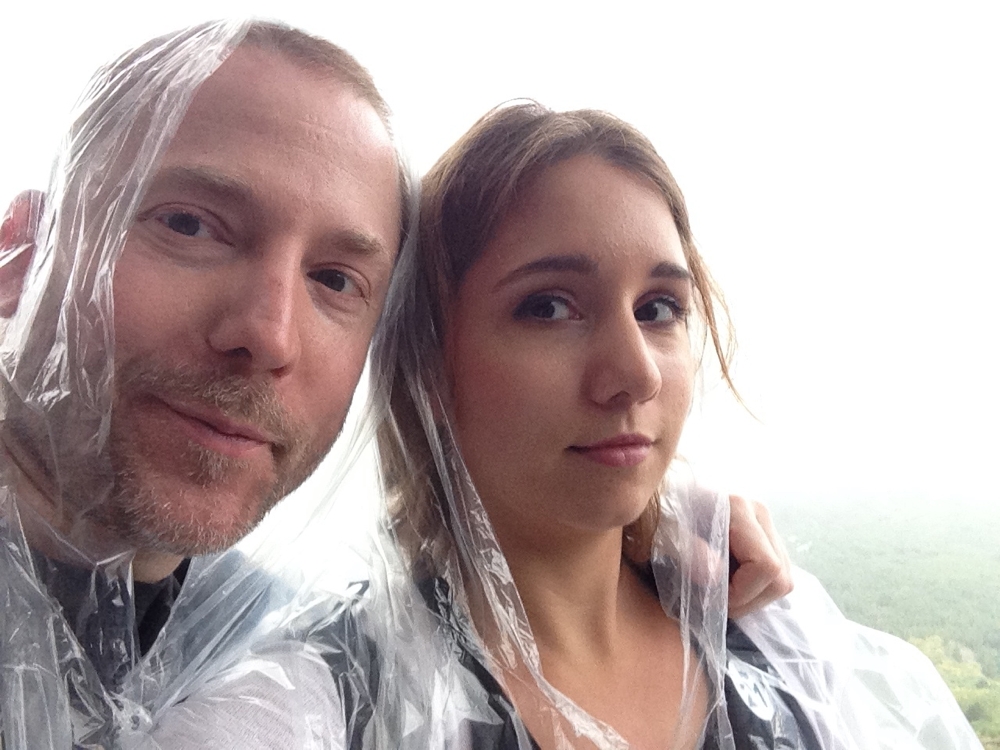 Aral and Laura in wet-weather ponchos