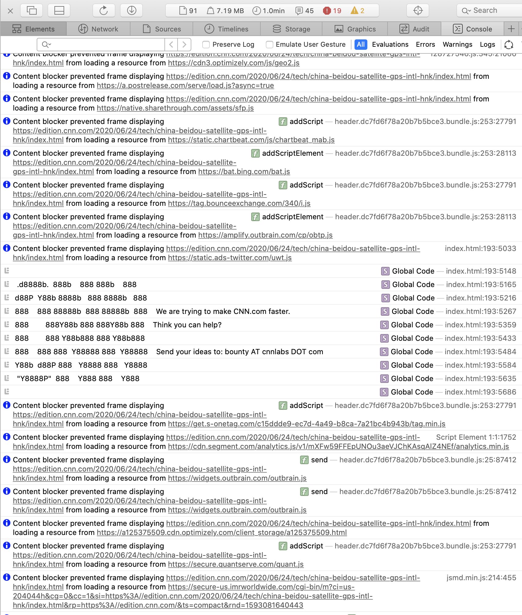 Console view of a cnn.com page showing loads of trackers being blocked and a console log message saying “We are trying to make CNN.com faster. Think you can help? Send your ideas to: bounty AT cnnlabs DOT com.”