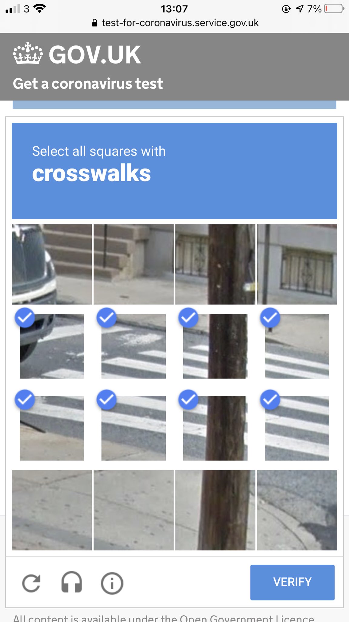 Gov.uk’s “get a coronavirus test” page using Google’s reCAPTCHA asking for the site visitor to identify “crosswalks“.