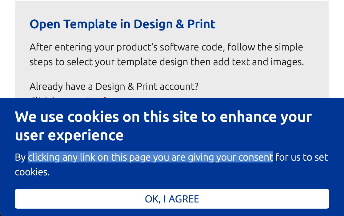 A web page banner saying “By clicking any link on this page you are giving your consent for us to set cookies.”