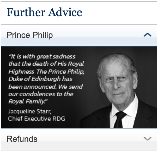Further Advice box containing two expandable options headed “Prince Philip“ and “Refunds”.