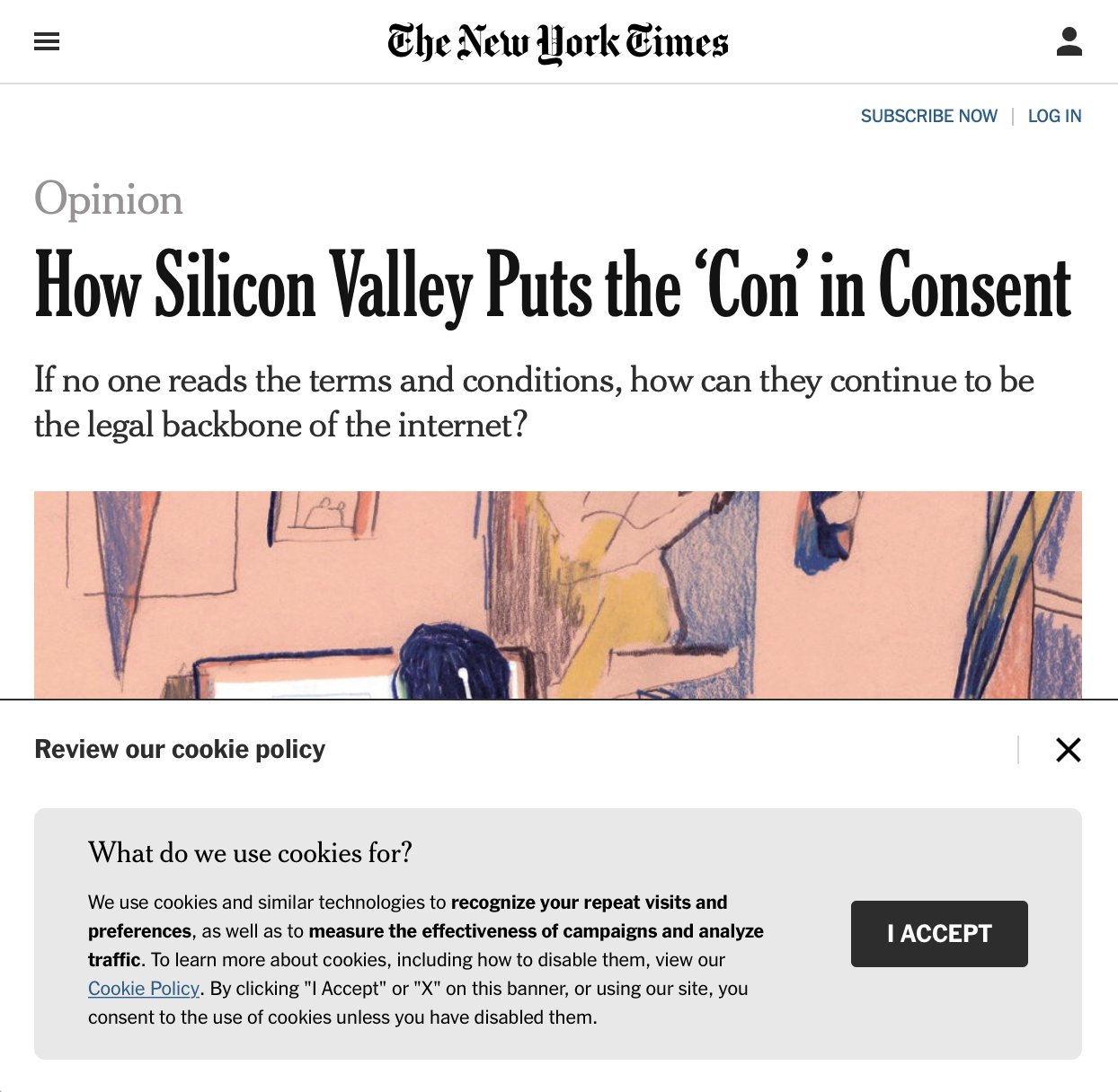 Screenshot of The New York Times article “if no one reads the terms and conditions, how can they continue to be the legal backbone of the internet” with a modal dialog asking the reader to accept the terms and conditions for cookies on the site.