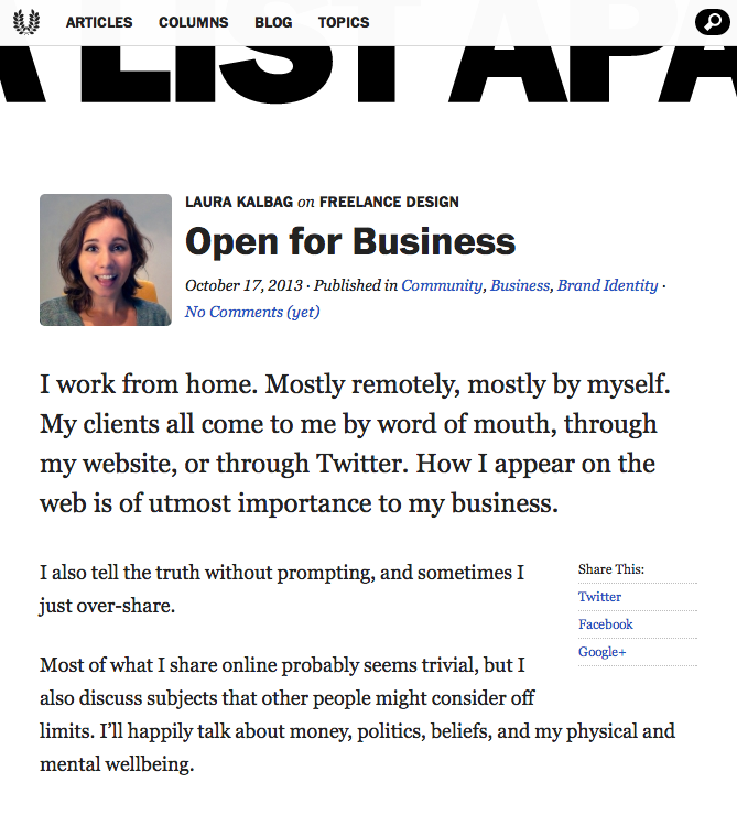 Open for Business post on A List Apart