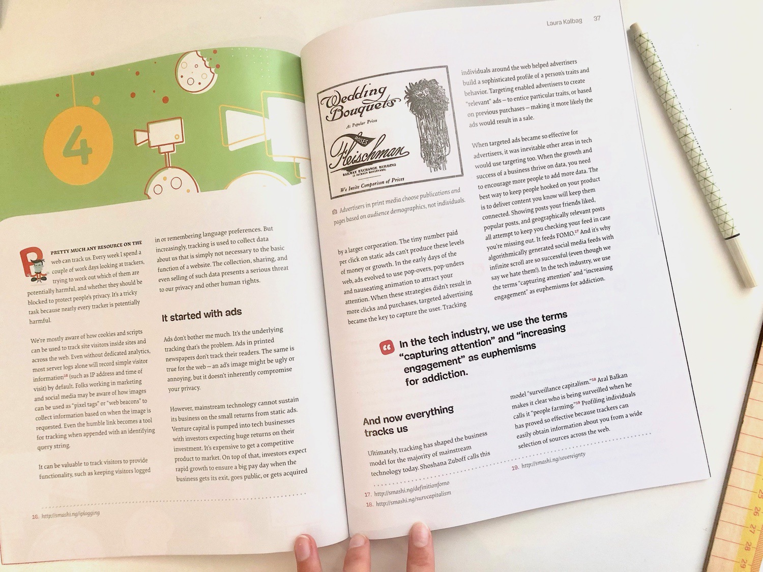 Inside pages of printed magazine showing my essay including the pull quote “In the tech industry we use the terms ‘capturing attention’ and ‘increasing engagement’ as euphemisms for addiction”.