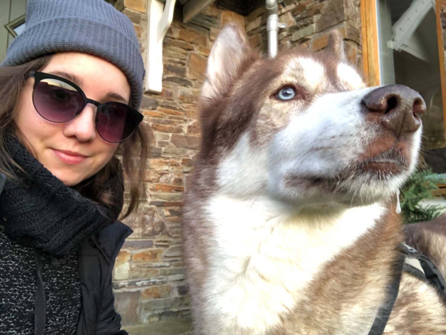 Selfie of me in sunglasses and a wooly hat with short hair poking out, and Osky the huskamute gazing into the distance.