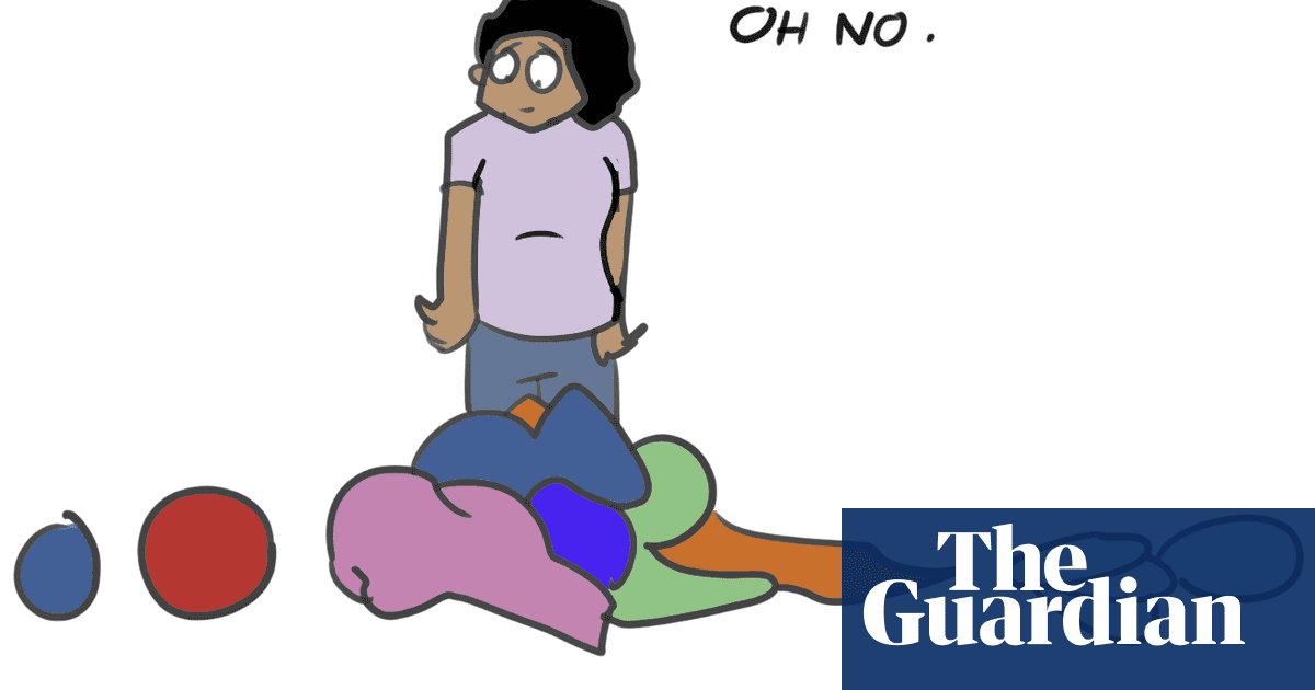 Cartoon of a woman staring at a pile of clothes on the floor thinking “Oh no.”