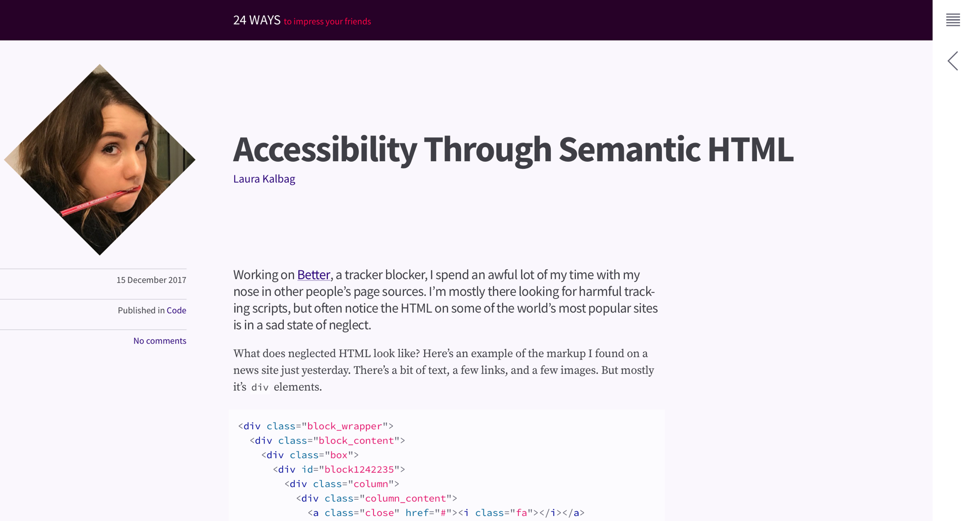 Screenshot of the article on 24ways including the title “Accessibility Through Semantic HTML” and an avatar of me with a pen in my mouth.