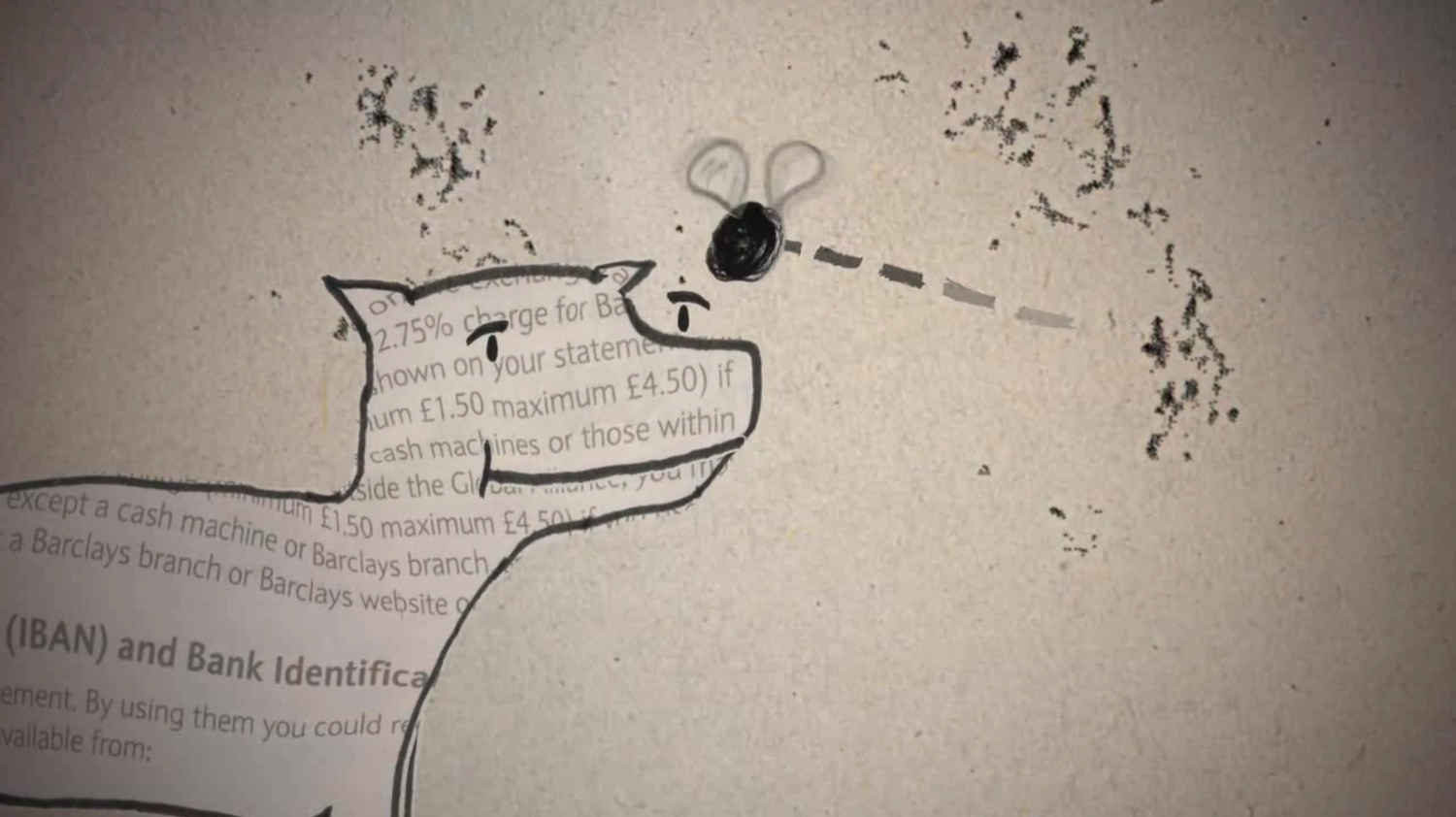 Still from the video including a handdrawn dog with a bee on her nose.