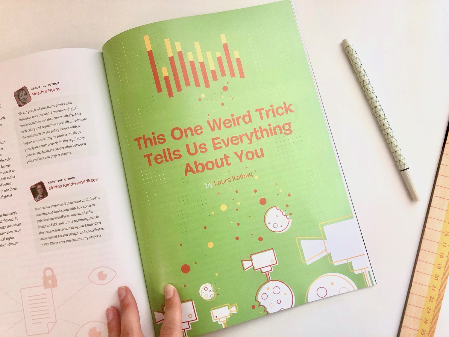 Inside pages of printed magazine showing my essay title page titled “This One Weird Trick Tells Us Everything About You”.