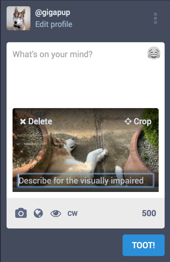 screenshot of Mastodon interface for posting a toot with an image. By default an input box is shown over the image with the label “Describe for the visually impaired”