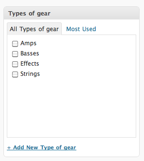 Types of gear custom taxonomy panel in the WordPress editor